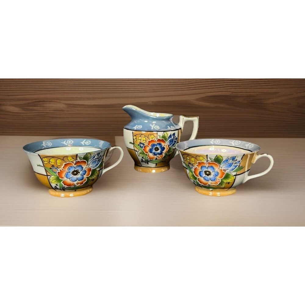 Vtg Japan Lusterware Blue Peach Raised Floral Teacups & Creamer Lot of 3